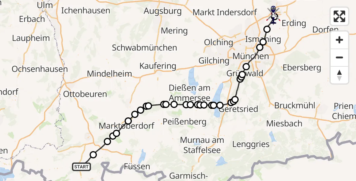 Flugroute Polizeihubschrauber Rettenberg - München Flughafen, 31 Juli 2026, 14:40