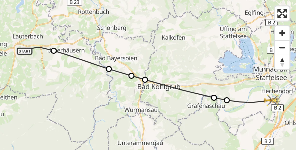 Flugroute Rettungshubschrauber Steingaden - Murnau a.Staffelsee, 31 Juli 2026, 14:50