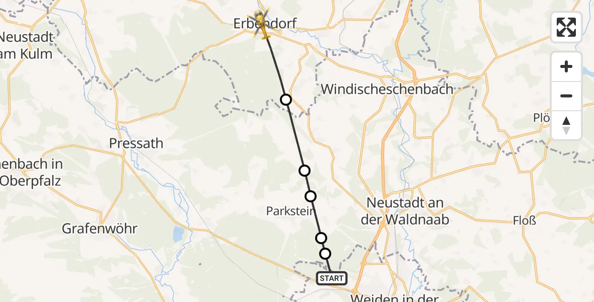 Flugroute Ambulanzhubschrauber Weiden i.d.OPf. - Erbendorf, 31 Juli 2026, 14:50