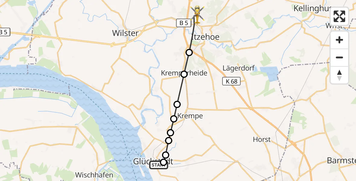 Flugroute Rettungshubschrauber Glückstadt - Itzehoe, 31 Juli 2026, 14:51