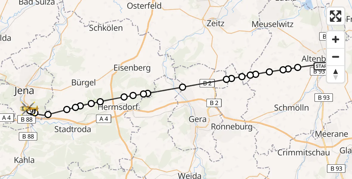 Flugroute Rettungshubschrauber Altenburg - Lobeda Hubschrauberlandeplatz, 31 Juli 2026, 14:56