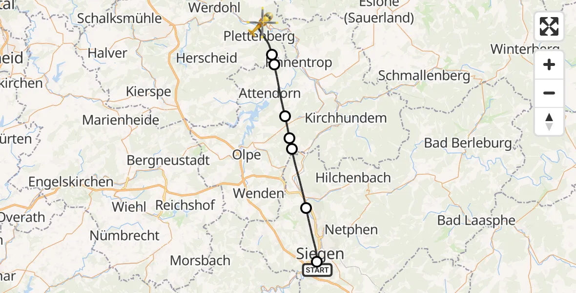 Flugroute Rettungshubschrauber Evangelisches Jung-Stilling Hospital - Plettenberg, 31 Juli 2026, 14:57