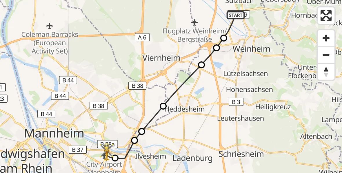 Flugroute Rettungshubschrauber Weinheim - Mannheim-City Flughafen, 31 Juli 2026, 14:59