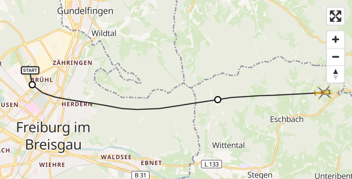Flugroute Ambulanzhubschrauber Freiburg im Breisgau Flugplatz - Stegen, 31 Juli 2026, 15:00