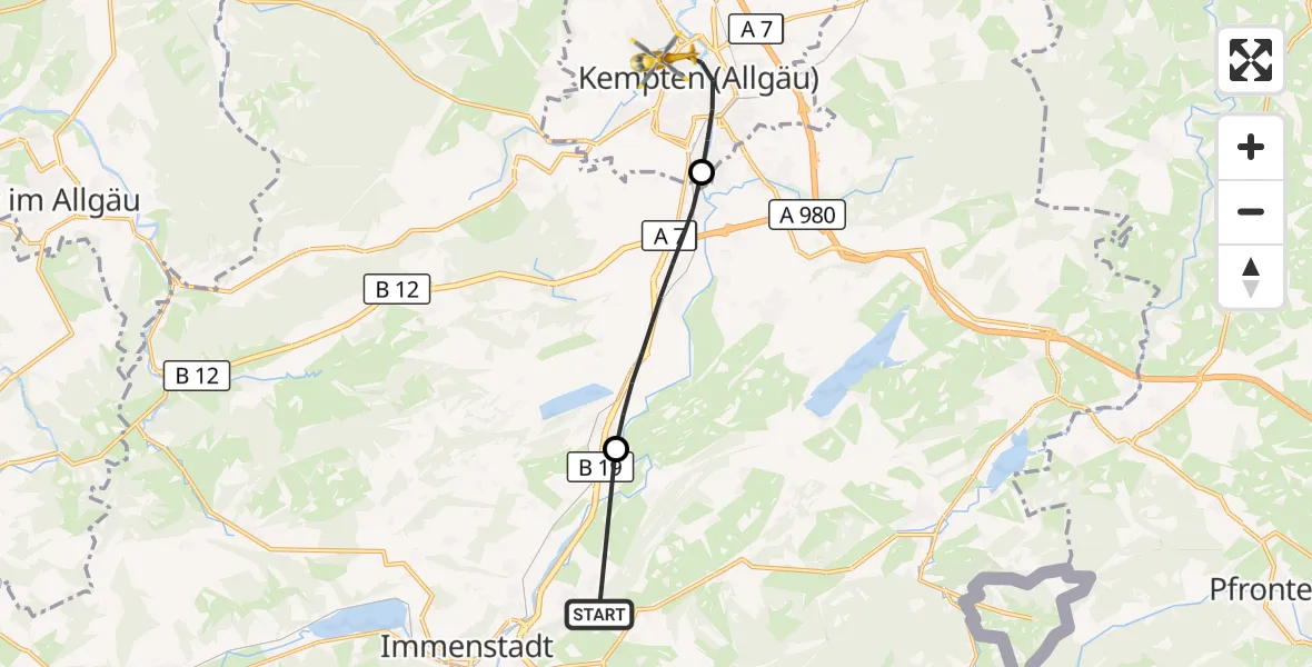 Flugroute Rettungshubschrauber Rettenberg - Kempten (Allgäu), 31 Juli 2026, 15:01