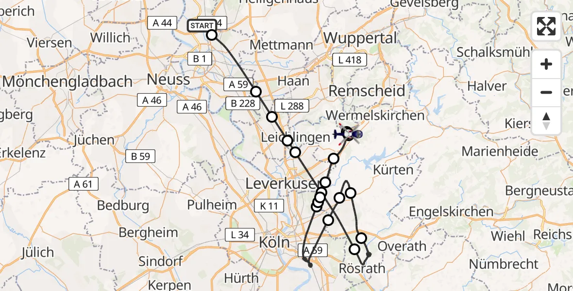 Flugroute Polizeihubschrauber Düsseldorf Flughafen - Burscheid, 31 Juli 2026, 15:04