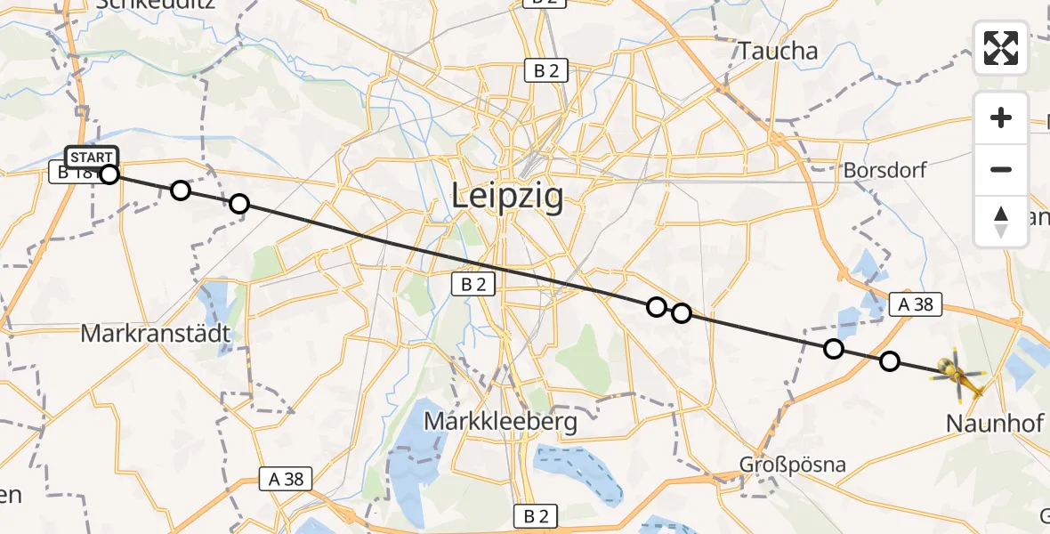 Flugroute Rettungshubschrauber ADAC Air Rescue Station Leipzig/Schkeuditz-Dölzig Hubschrauberlandeplatz (Christoph 61) - Naunhof, 31 Juli 2026, 15:08