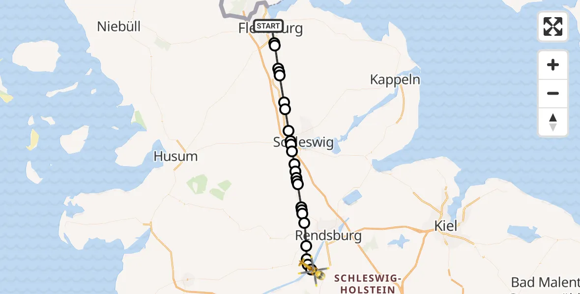 Flugroute Ambulanzhubschrauber Flensburg - Rendsburg-Schachtholm Flugplatz, 31 Juli 2026, 15:08