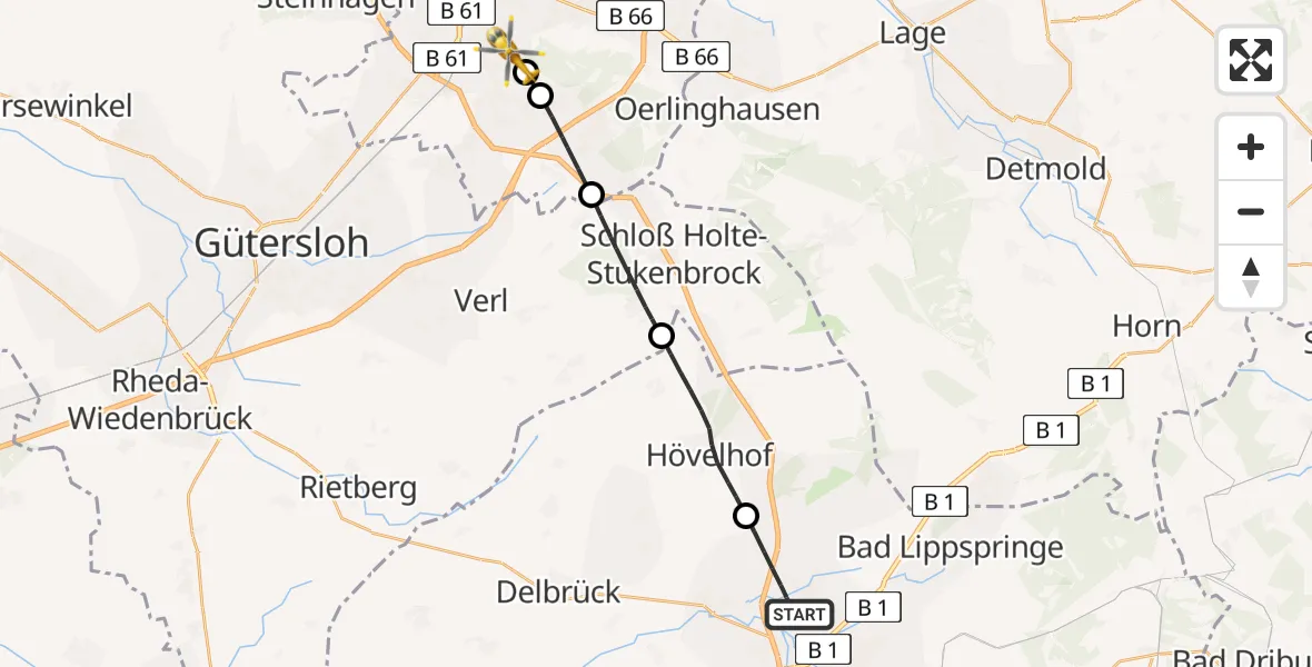 Flugroute Rettungshubschrauber Paderborn - Luftrettungszentrum Bielefeld, 31 Juli 2026, 15:10