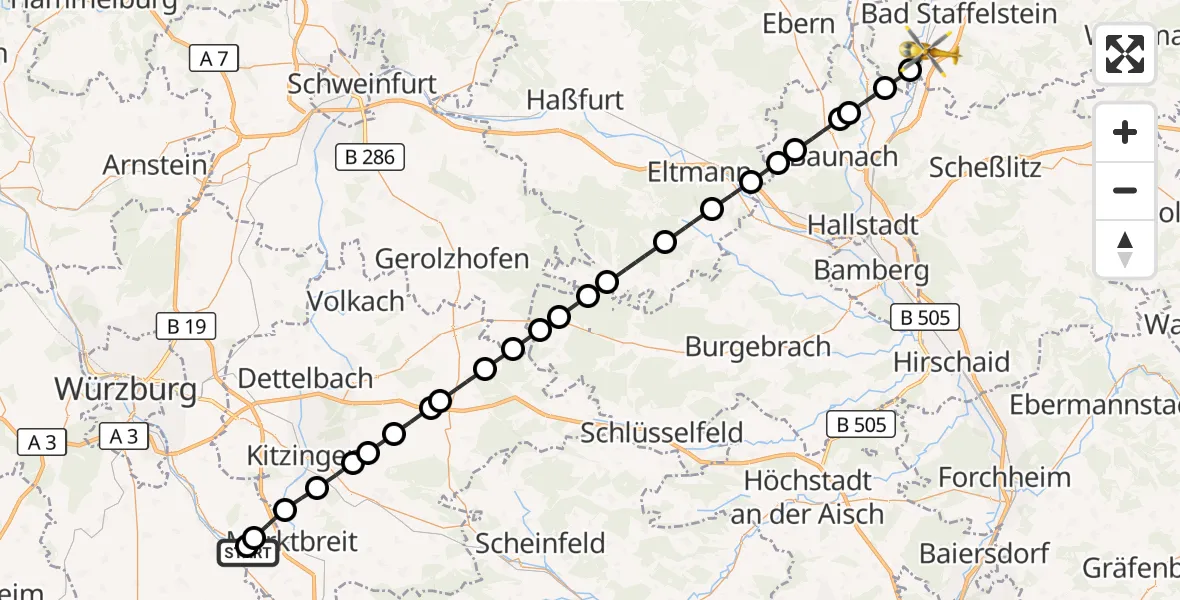 Flugroute Rettungshubschrauber Ochsenfurt Hospital - Ebensfeld, 31 Juli 2026, 15:12