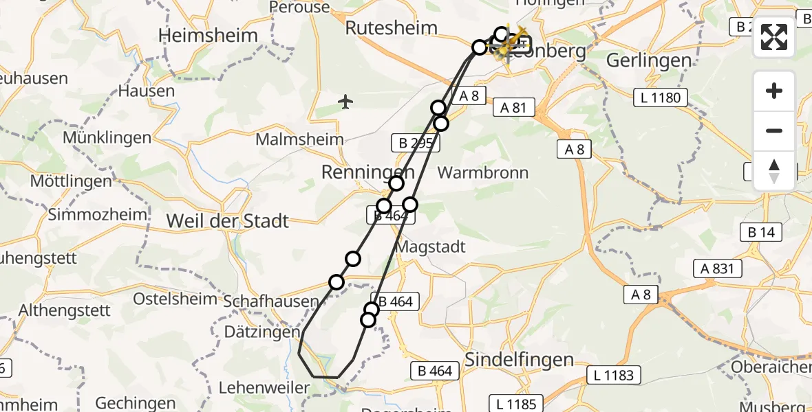 Flugroute Rettungshubschrauber Leonberg Hospital - Leonberg Hospital, 31 Juli 2026, 15:14