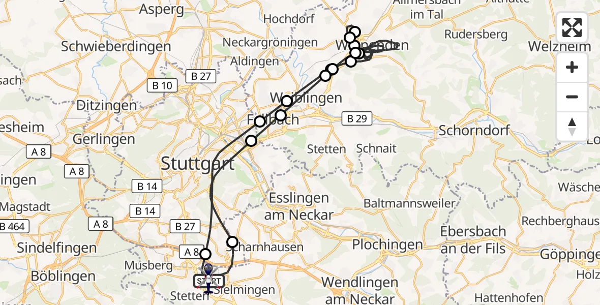 Flugroute Polizeihubschrauber Flughafen Stuttgart - Flughafen Stuttgart, 31 Juli 2026, 15:18
