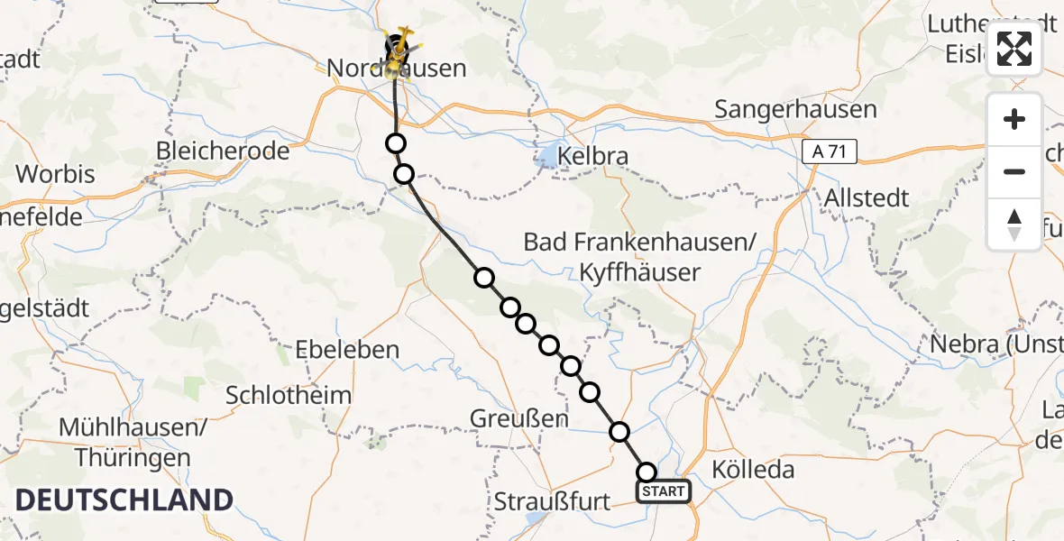 Flugroute Rettungshubschrauber Sömmerda - Südharz Hospital Nordhausen, 31 Juli 2026, 15:21