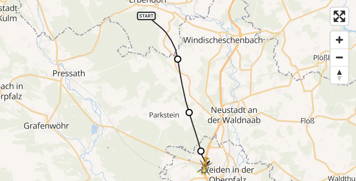 Flugroute Ambulanzhubschrauber Erbendorf - Weiden i.d.OPf., 31 Juli 2026, 15:27