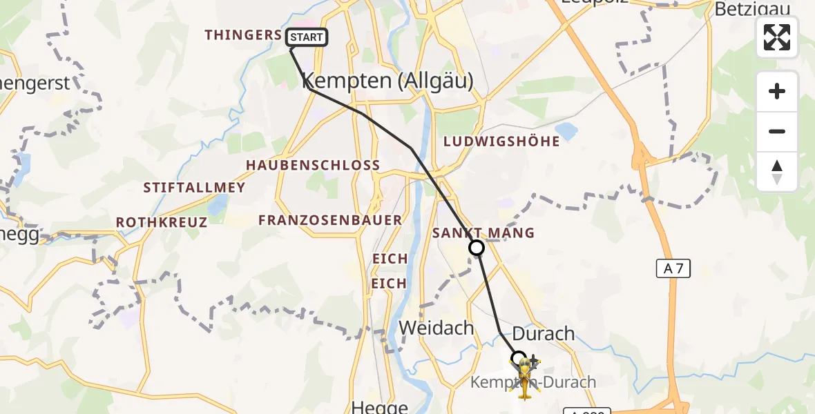 Flugroute Rettungshubschrauber Kempten (Allgäu) - Kempten-Durach Flugplatz, 31 Juli 2026, 15:27