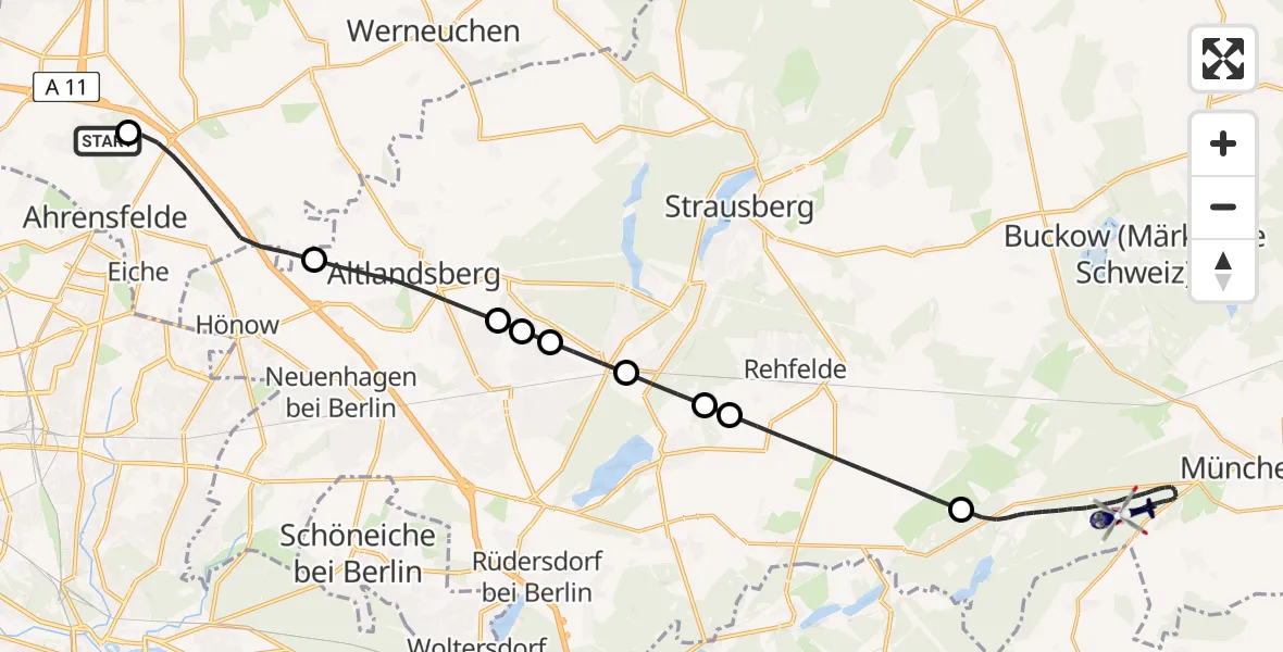 Flugroute Polizeihubschrauber Ahrensfelde Hubschrauberlandeplatz - Müncheberg, 31 Juli 2026, 15:33