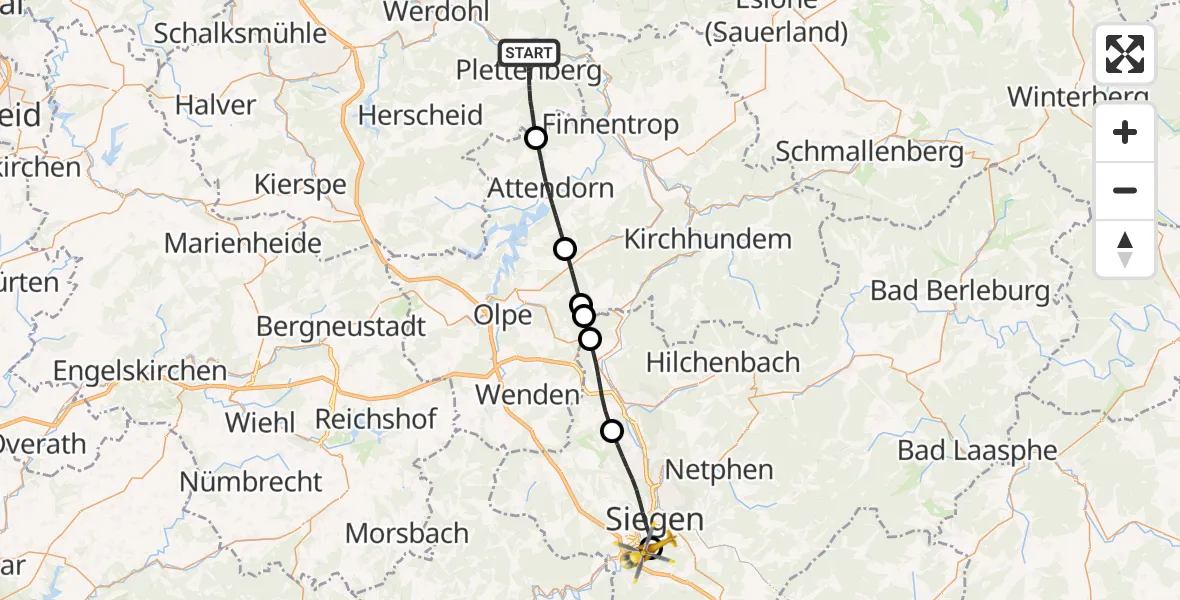 Flugroute Rettungshubschrauber Plettenberg - Evangelisches Jung-Stilling Hospital, 31 Juli 2026, 15:33