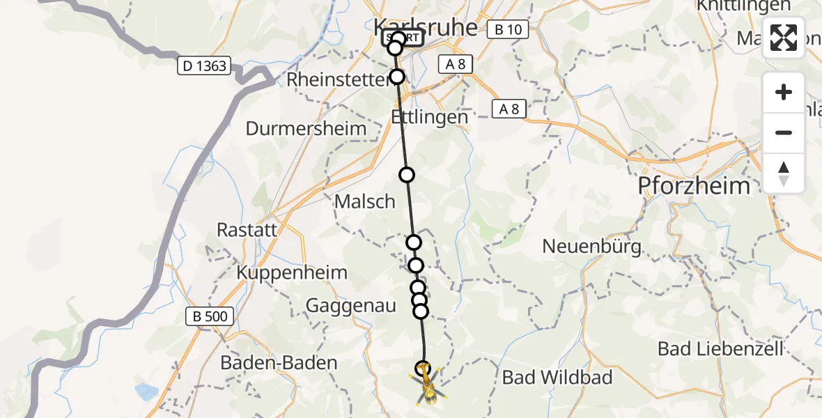 Flugroute Ambulanzhubschrauber Sankt Vincentius Hospital - Gernsbach, 31 Juli 2026, 15:34