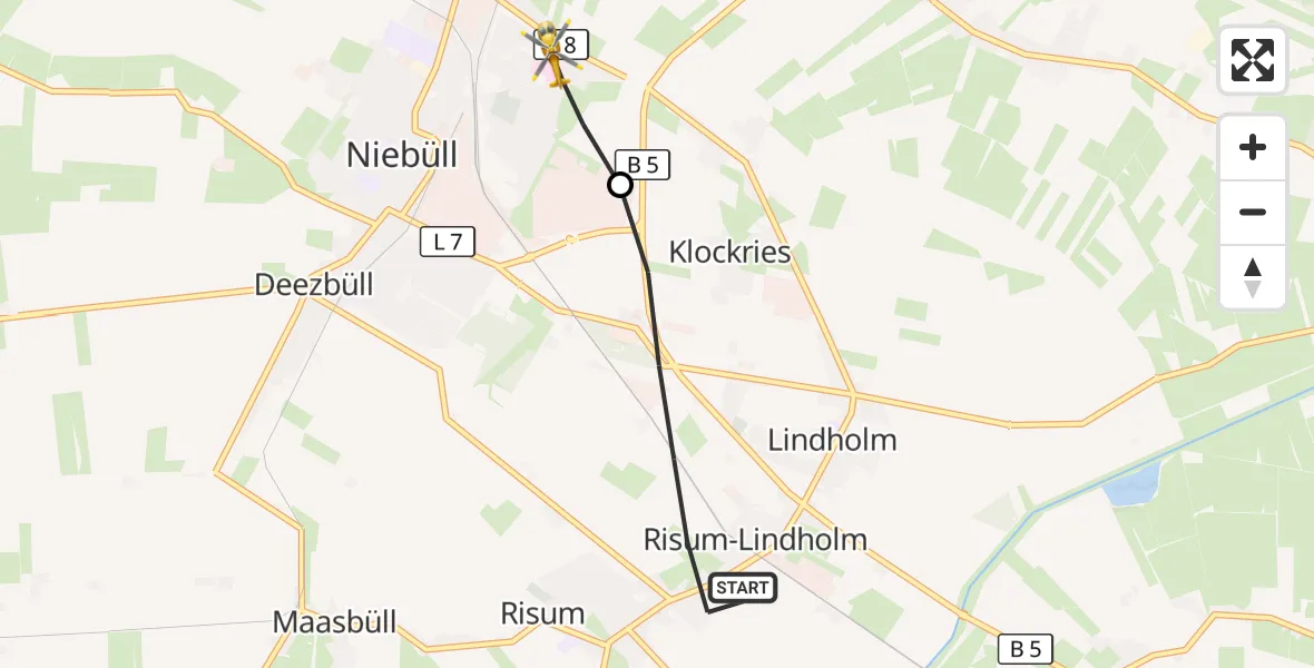 Flugroute Ambulanzhubschrauber Risum-Lindholm - Niebüll, 31 Juli 2026, 15:35