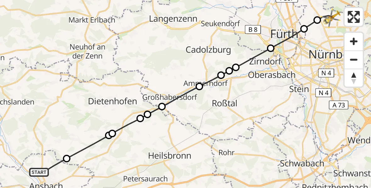Flugroute Ambulanzhubschrauber Ansbach - Flughafen Nuremberg, 31 Juli 2026, 15:35