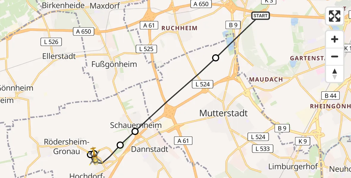 Flugroute Rettungshubschrauber Ludwigshafen am Rhein - Hochdorf-Assenheim, 31 Juli 2026, 15:37