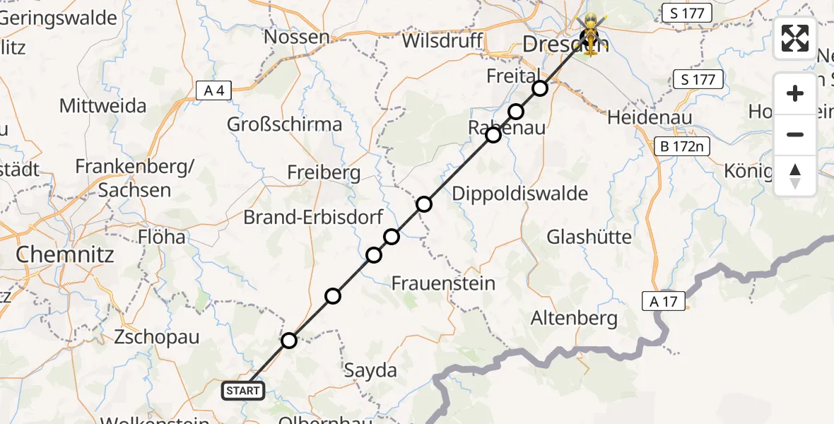 Flugroute Rettungshubschrauber Pockau-Lengefeld - Dresden University Hospital, 31 Juli 2026, 15:40