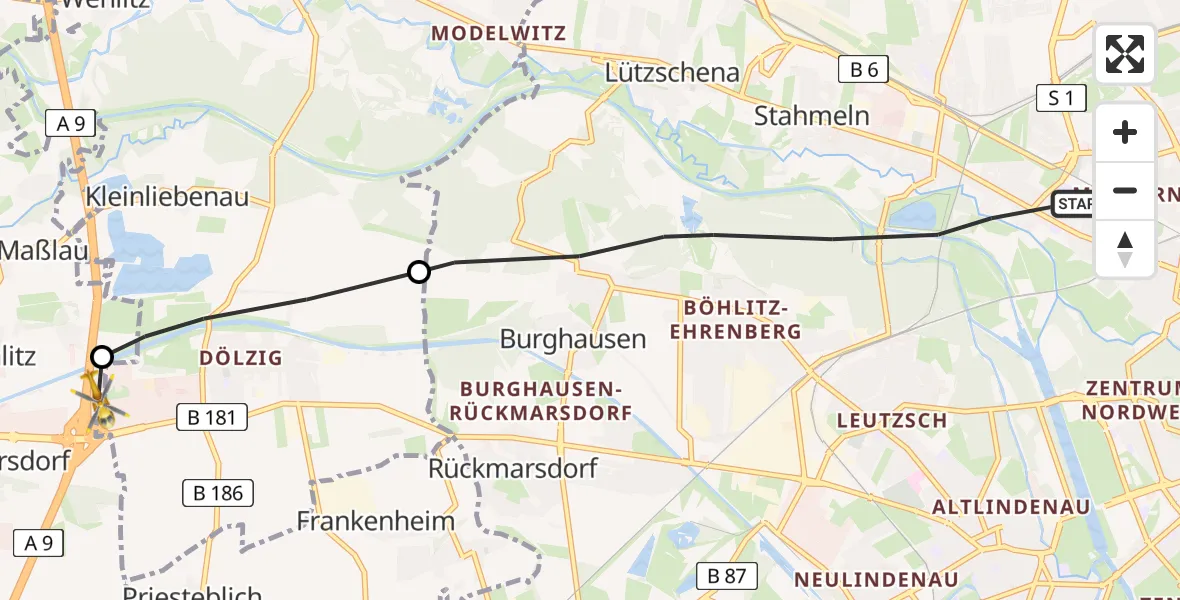 Flugroute Rettungshubschrauber Leipzig - ADAC Air Rescue Station Leipzig/Schkeuditz-Dölzig Hubschrauberlandeplatz (Christoph 61), 31 Juli 2026, 15:43