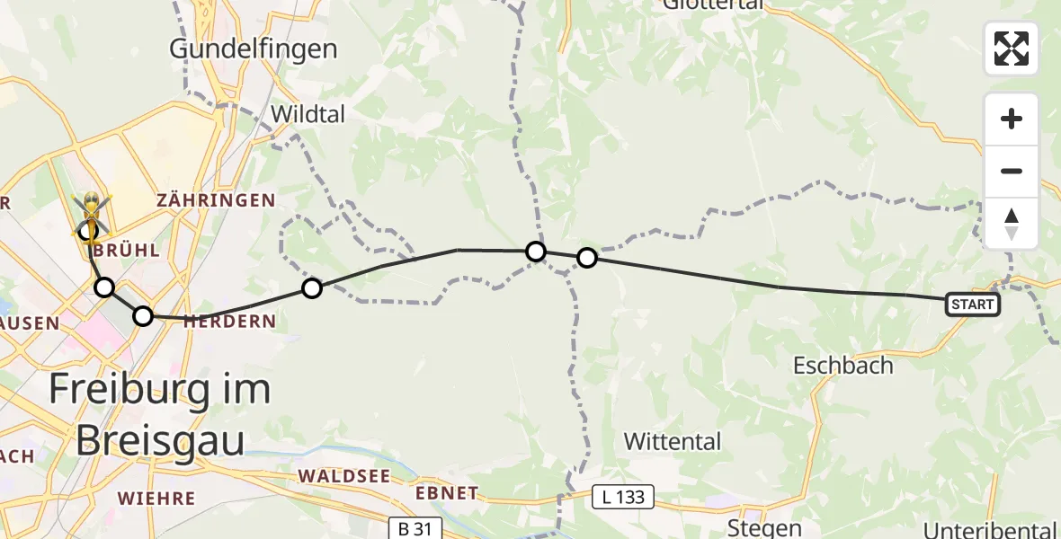 Flugroute Ambulanzhubschrauber Stegen - Freiburg im Breisgau Flugplatz, 31 Juli 2026, 15:49
