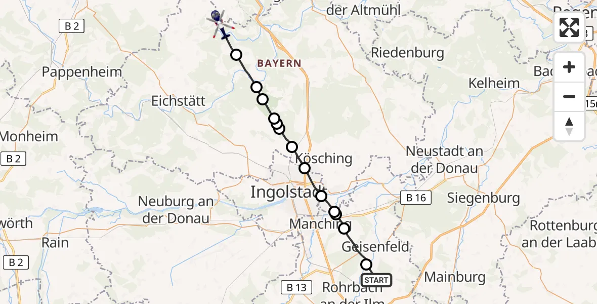 Flugroute Polizeihubschrauber Wolnzach - Titting, 31 Juli 2026, 15:55