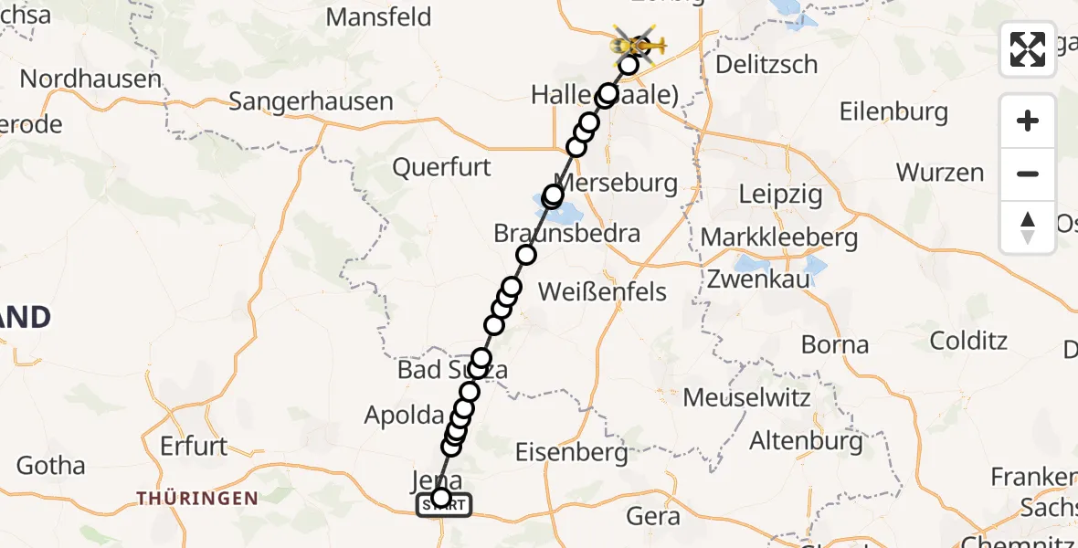 Flugroute Rettungshubschrauber Lobeda Hubschrauberlandeplatz - Halle-Oppin Flugplatz, 31 Juli 2026, 16:05