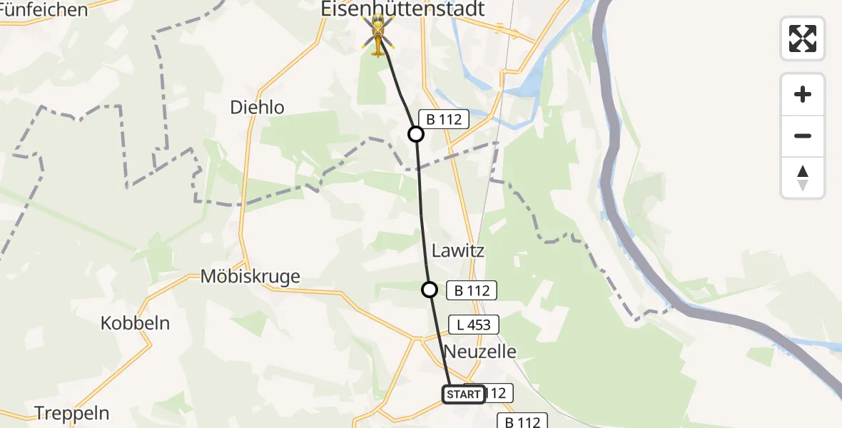 Flugroute Rettungshubschrauber Neuzelle - Eisenhüttenstadt, 31 Juli 2026, 16:10