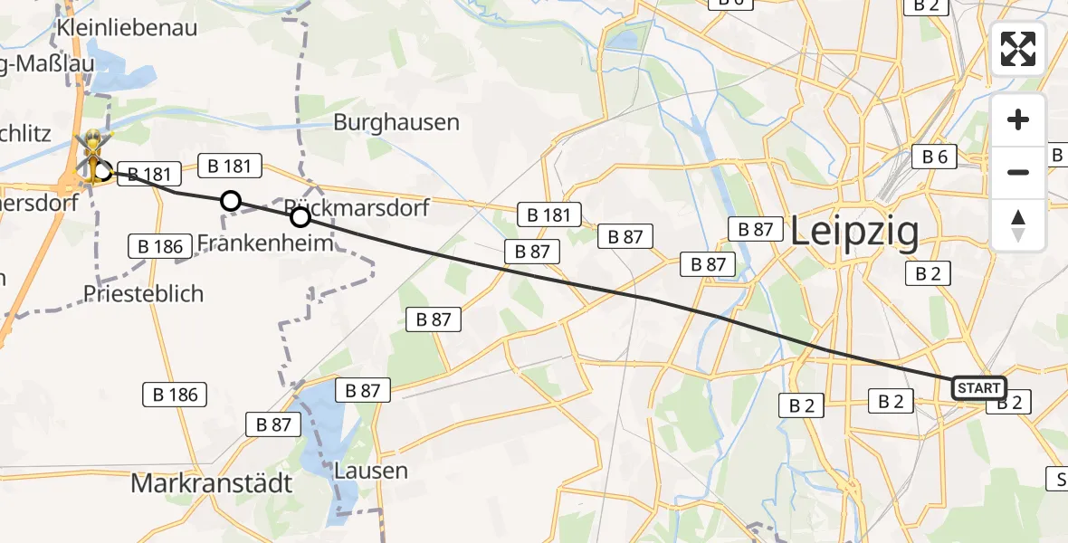 Flugroute Rettungshubschrauber Leipzig - ADAC Air Rescue Station Leipzig/Schkeuditz-Dölzig Hubschrauberlandeplatz (Christoph 61), 31 Juli 2026, 16:10