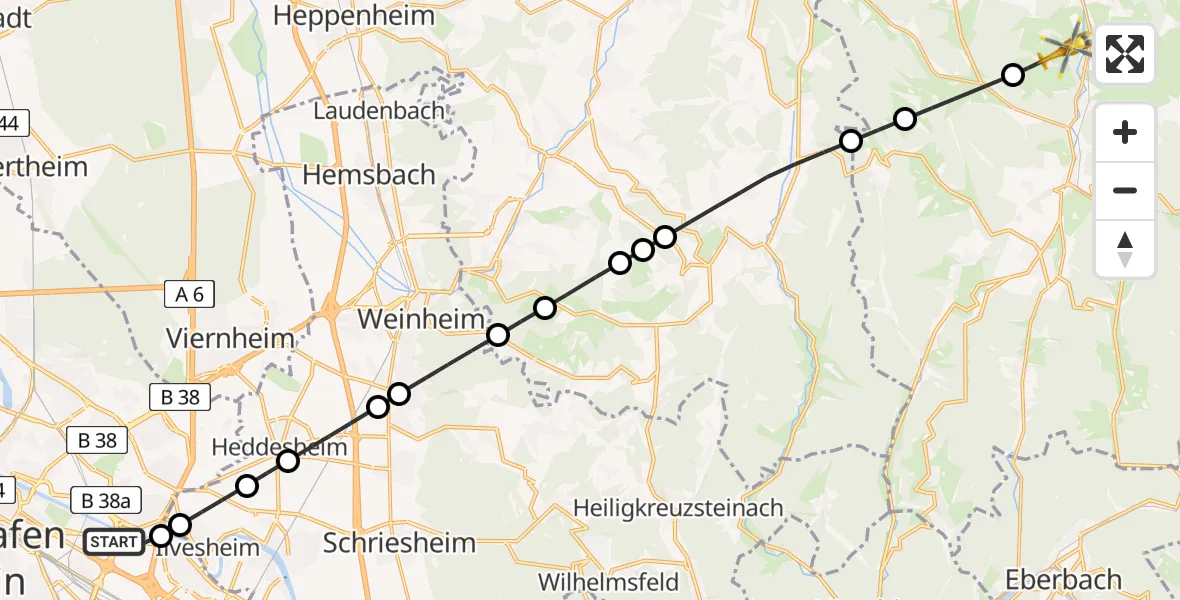 Flugroute Rettungshubschrauber Mannheim-City Flughafen - Erbach, 31 Juli 2026, 16:18