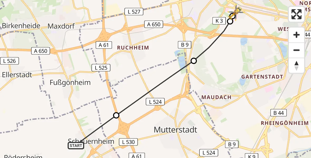 Flugroute Rettungshubschrauber Dannstadt-Schauernheim - Ludwigshafen Accident Hospital, 31 Juli 2026, 16:18