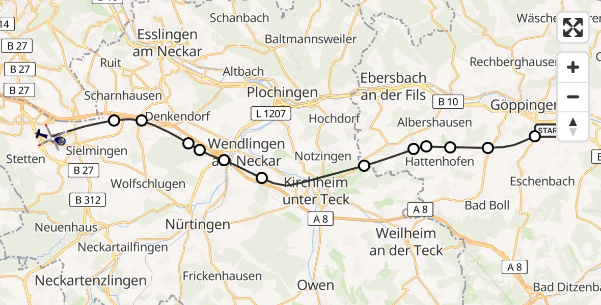 Flugroute Polizeihubschrauber Göppingen - Flughafen Stuttgart, 31 Juli 2026, 16:19
