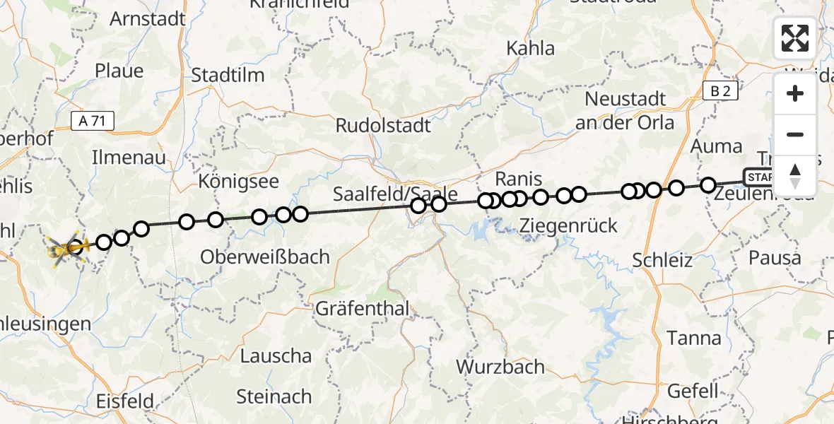 Flugroute Rettungshubschrauber Zeulenroda-Triebes - Suhl, 31 Juli 2026, 16:19