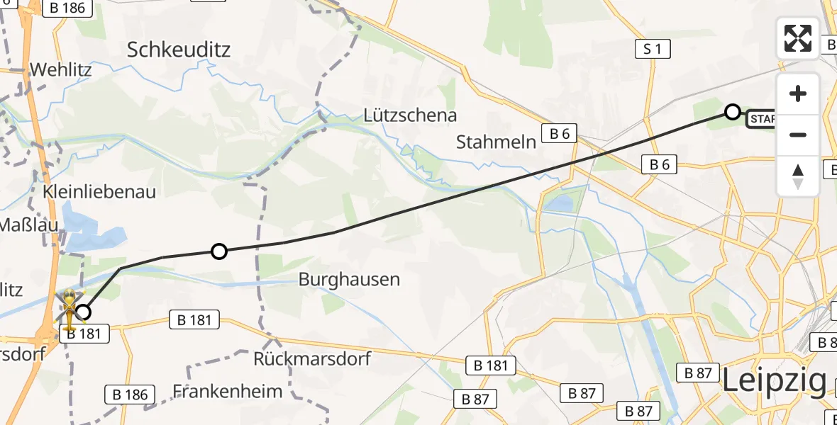 Flugroute Rettungshubschrauber Sankt Georg Hospital Leipzig Reserve - ADAC Air Rescue Station Leipzig/Schkeuditz-Dölzig Hubschrauberlandeplatz (Christoph 61), 31 Juli 2026, 16:20
