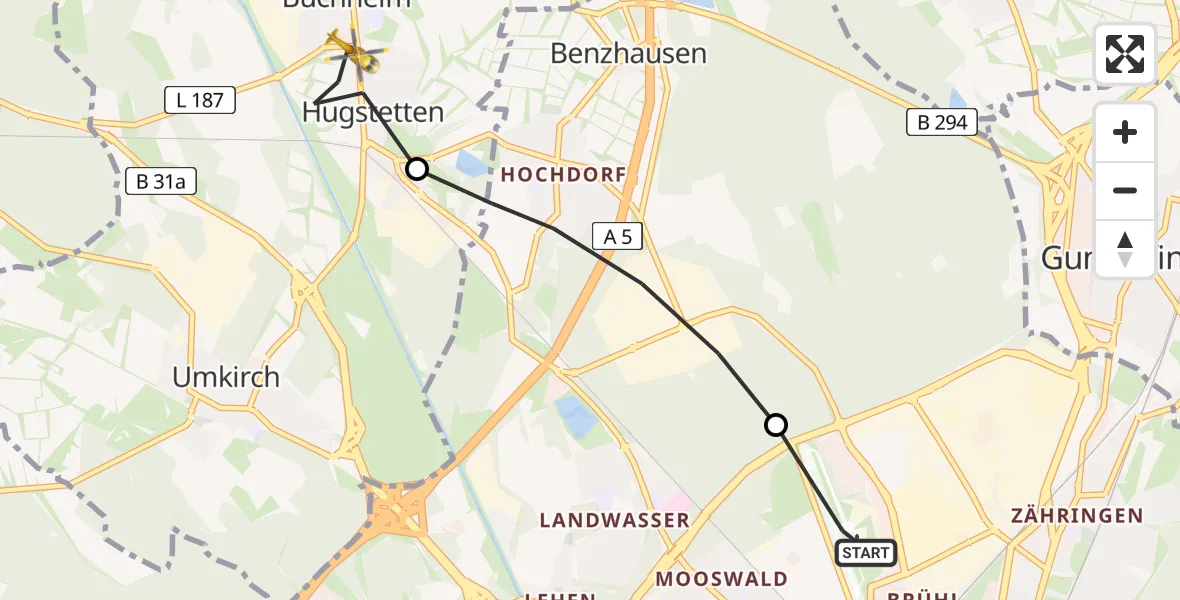 Flugroute Ambulanzhubschrauber Freiburg im Breisgau Flugplatz - March, 31 Juli 2026, 16:25