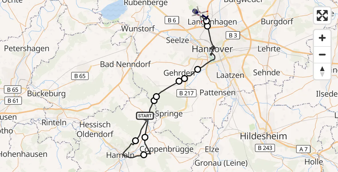 Flugroute Polizeihubschrauber Bad Münder am Deister - Flughafen Hannover, 31 Juli 2026, 16:28