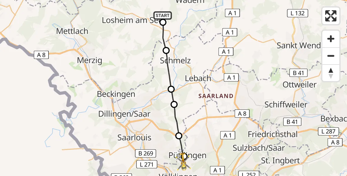 Flugroute Ambulanzhubschrauber Weiskirchen - Püttlingen, 31 Juli 2026, 16:34
