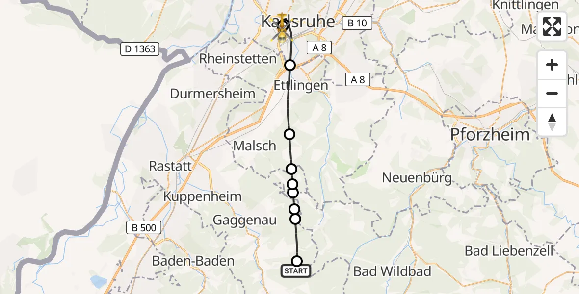 Flugroute Ambulanzhubschrauber Gernsbach - Sankt Vincentius Hospital, 31 Juli 2026, 16:37