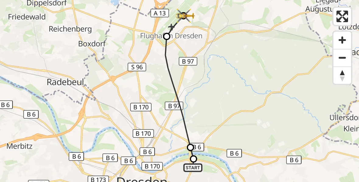 Flugroute Rettungshubschrauber Dresden University Hospital - Dresden Bundespolizei Hubschrauberlandeplatz, 31 Juli 2026, 16:42