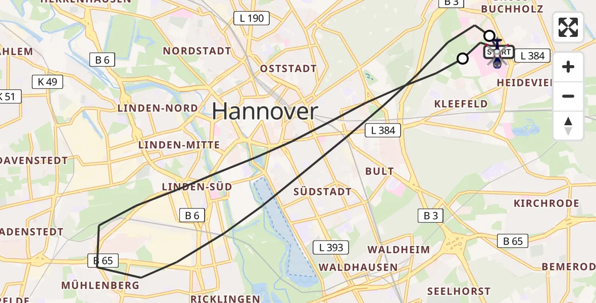 Flugroute Polizeihubschrauber Hannover Luftrettung Hubschrauberlandeplatz (Christoph 4) - Hannover Luftrettung Hubschrauberlandeplatz (Christoph 4), 31 Juli 2026, 16:50