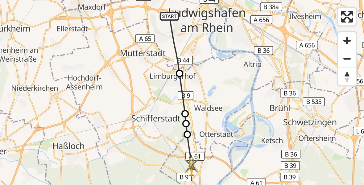 Flugroute Rettungshubschrauber Ludwigshafen am Rhein - Speyer, 31 Juli 2026, 16:55