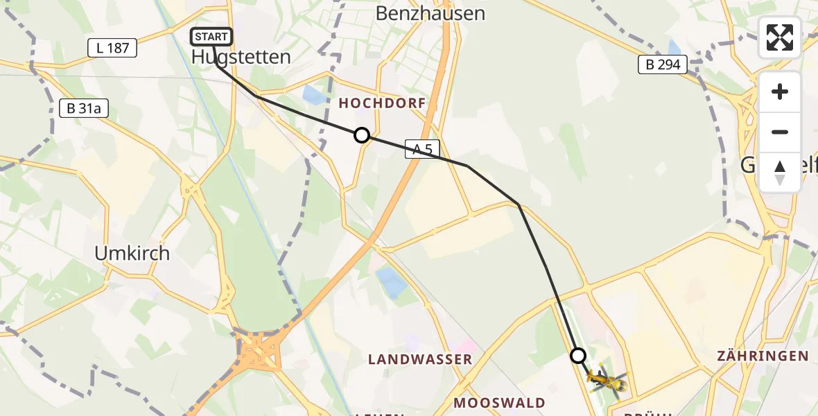 Flugroute Ambulanzhubschrauber March - Freiburg im Breisgau Flugplatz, 31 Juli 2026, 16:55