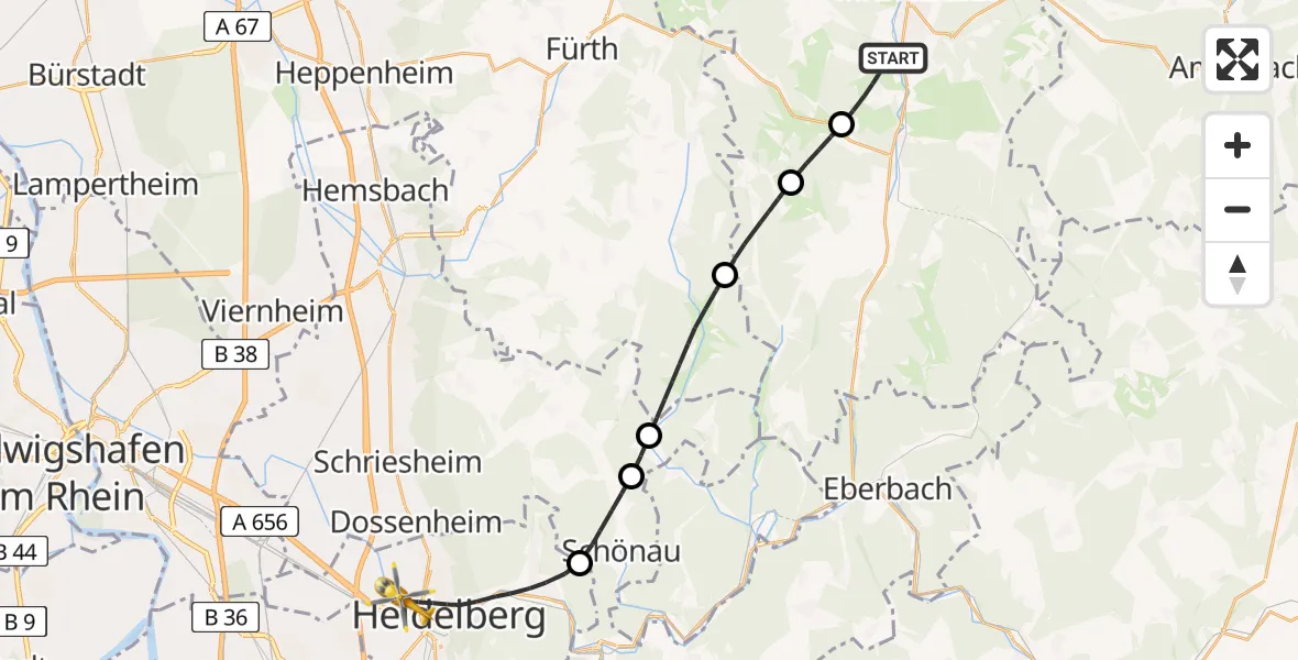 Flugroute Rettungshubschrauber Erbach - Heidelberg, 31 Juli 2026, 16:59