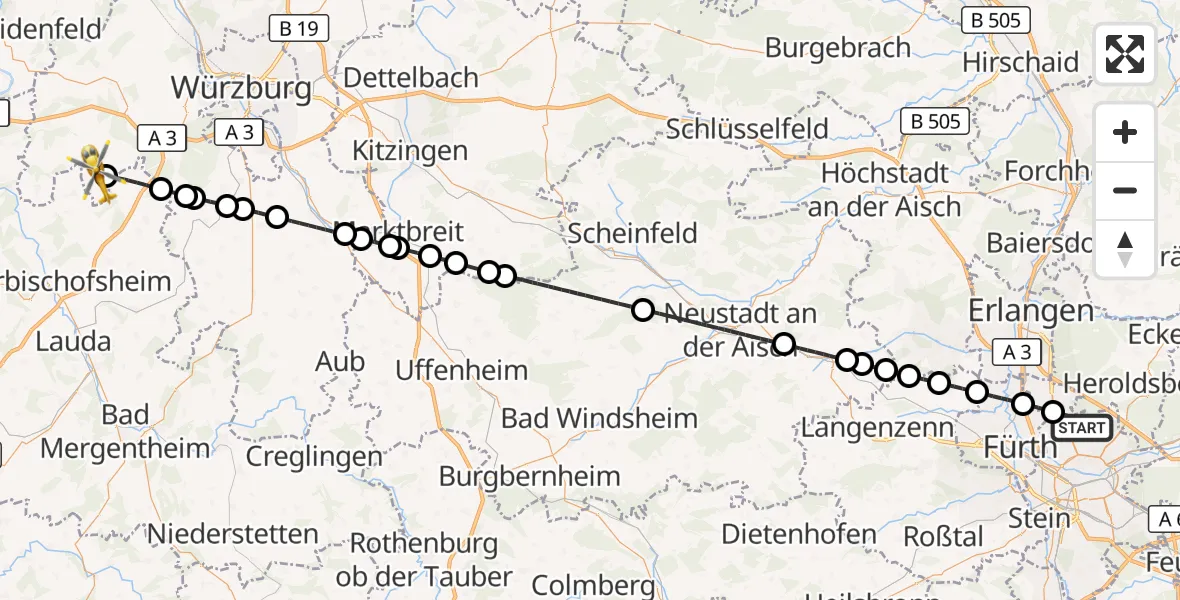 Flugroute Ambulanzhubschrauber Flughafen Nuremberg - Altertheim, 31 Juli 2026, 16:59