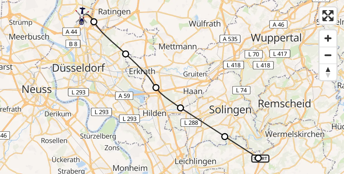 Flugroute Polizeihubschrauber Burscheid - Düsseldorf Flughafen, 31 Juli 2026, 17:02