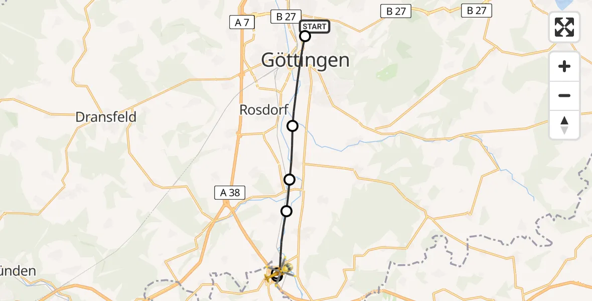 Flugroute Rettungshubschrauber Göttingen University Clinic Hubschrauberlandeplatz - Friedland, 31 Juli 2026, 17:02