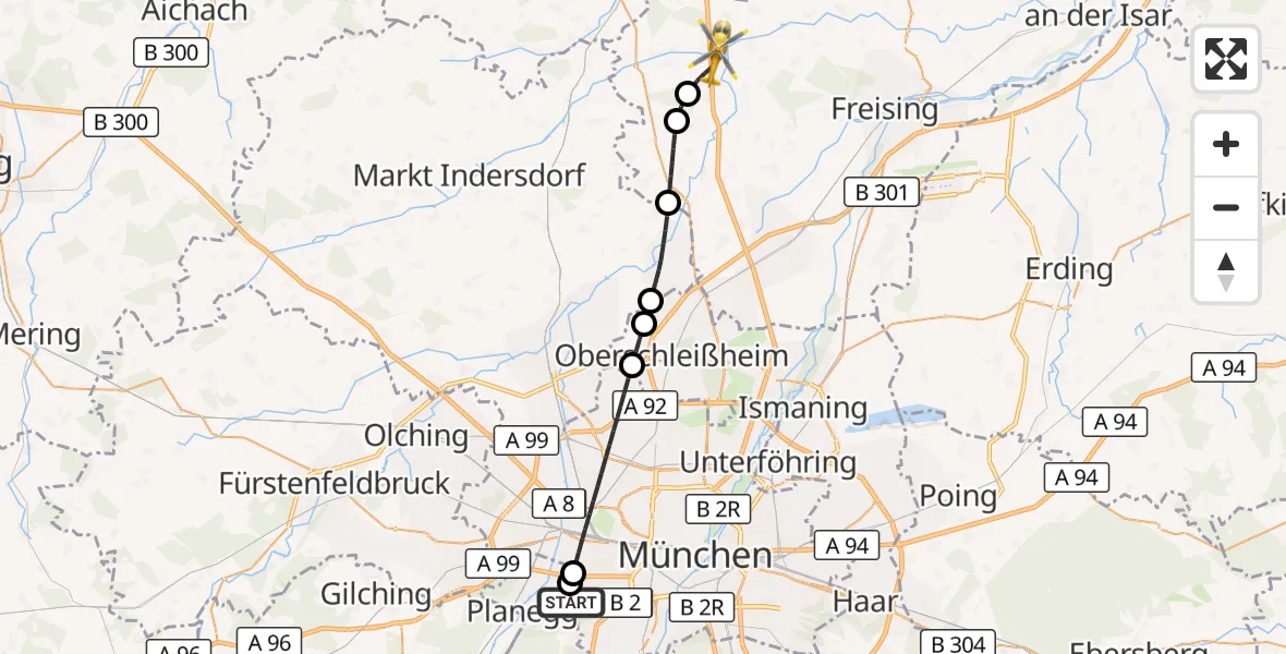 Flugroute Rettungshubschrauber DRF Air Rescue München Hubschrauberlandeplatz - Allershausen, 31 Juli 2026, 17:05